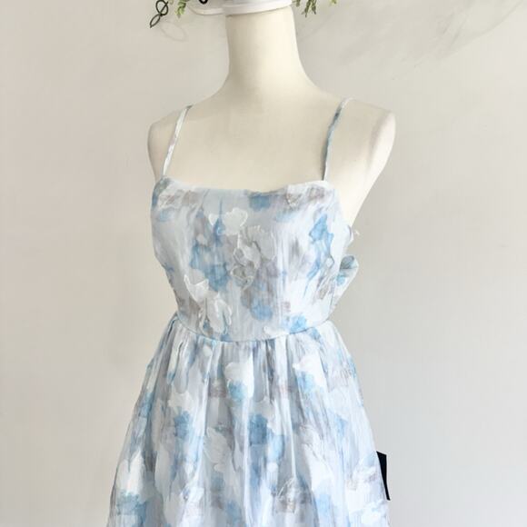 Lulus Delicate Charm Light Blue Floral Jacquard Organza Mini Dress New Medium - Picture 4 of 5